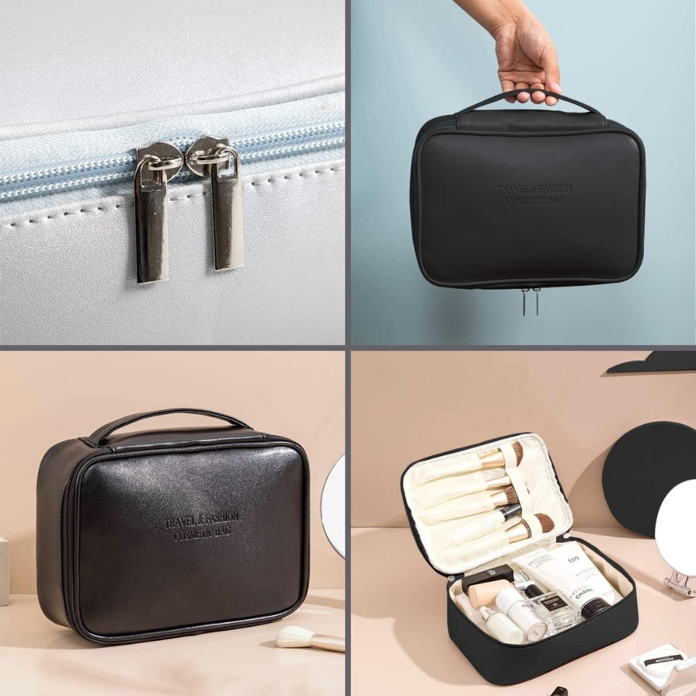 3 Pcs Kosmetiktasche Schwarz PU Wasserdicht 1 Groß + 2 Klein Reise Set