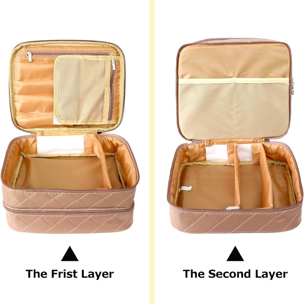 Große Reise Kosmetiktasche Wasserdicht Doppelschicht Organizer mit Fächern Braun