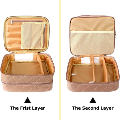 Große Reise Kosmetiktasche Wasserdicht Doppelschicht Organizer mit Fächern Braun