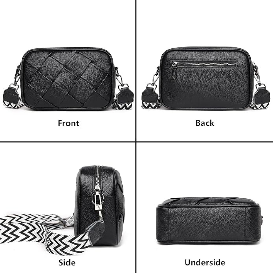 Umhängetasche Damen Leder Schwarz Weißes Band Crossbody Breiter Gurt