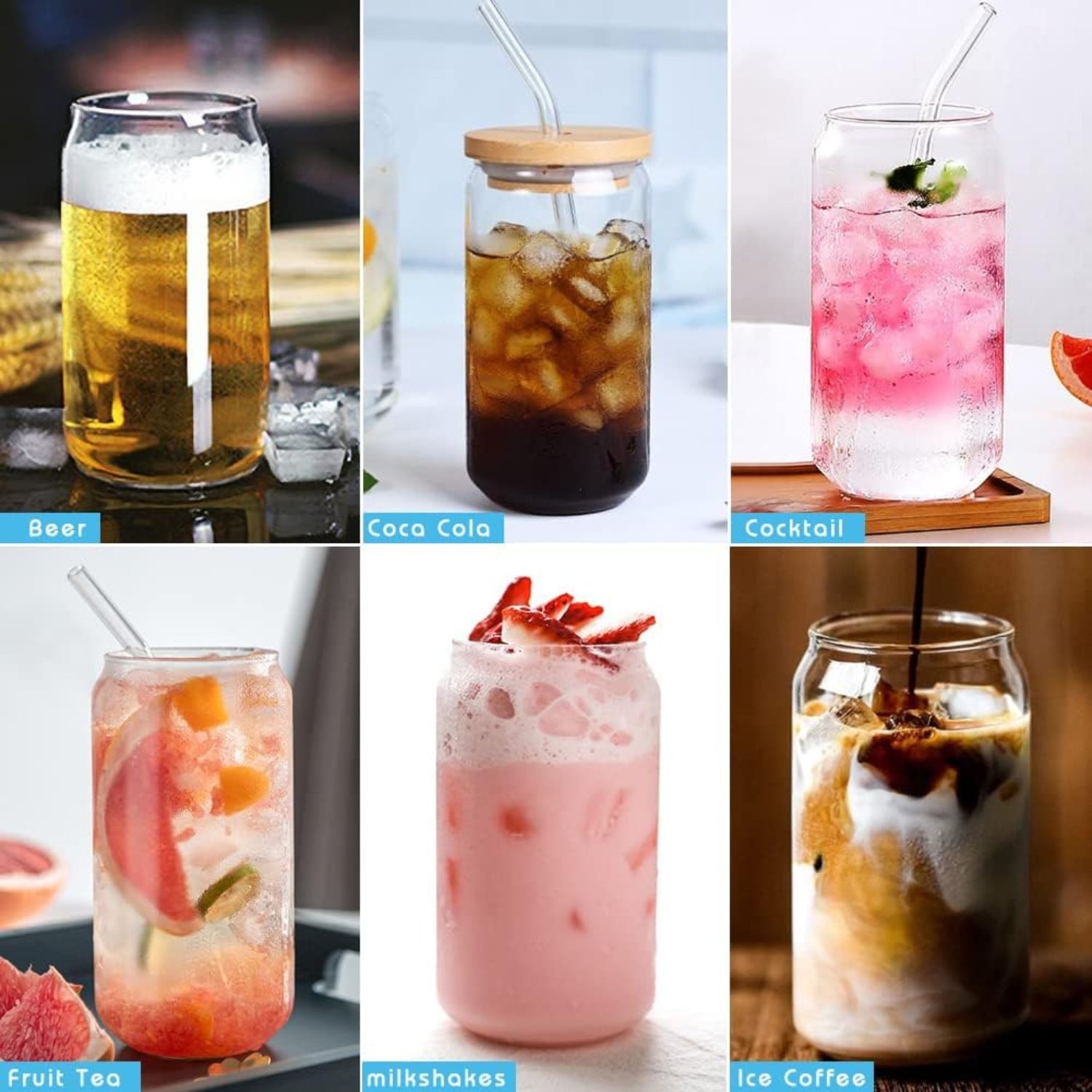 XL Cocktailgläser mit Deckel und Glasstrohalme 550ml 4x Set