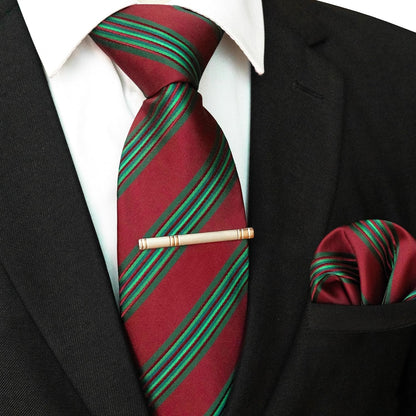 Krawatten Set Geschenke für Männer Herren Gestreifte Krawatte Rot Grün mit Stickerei inklusive Taschentuch und Krawattenklammer hochwertige Krawatte
