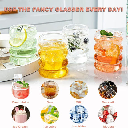 Gerippte Trinkgläser 350ml 4er Set Cocktailgläser Wellenförmige Wassergläser Getränkegläser Saftgläser mit Glasstrohhalmen und Bürsten