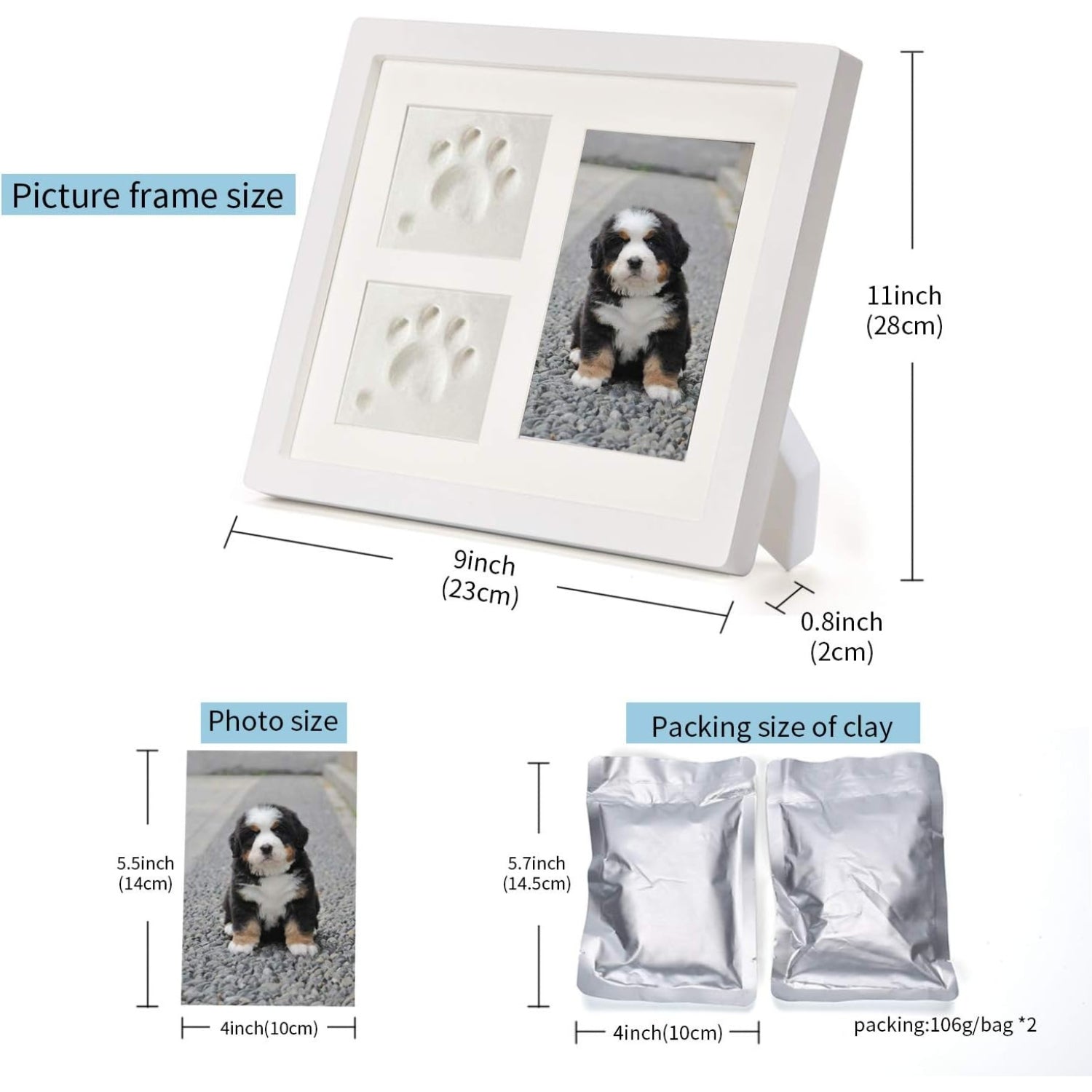 TierHerz Pfotenabdruck Set Hund mit Holz Bilderrahmen 3D Gipsabdruck Wanddeko