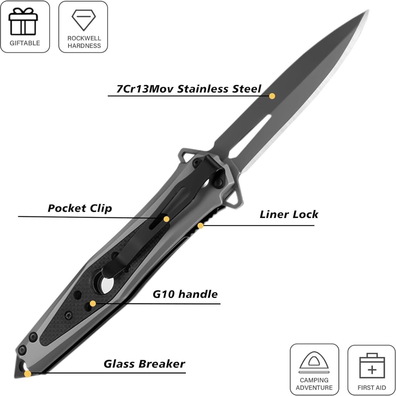 Klappmesser Einhandmesser mit G10 Griff und Nylonscheide Taschenmesser mit Taschenclip für Camping Wandern Geschenk für Männer Grau
