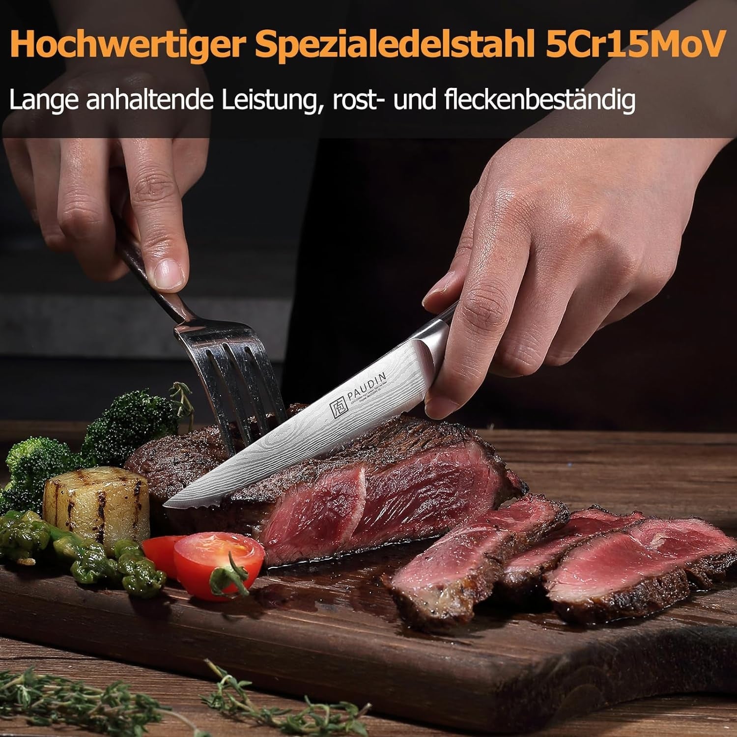 Steakmesser 6-teiliges Set hochwertiger deutscher Edelstahl Steak Messer ultrascharfe gezackte Klinge und ergonomischer Holzgriff mit Geschenkbox