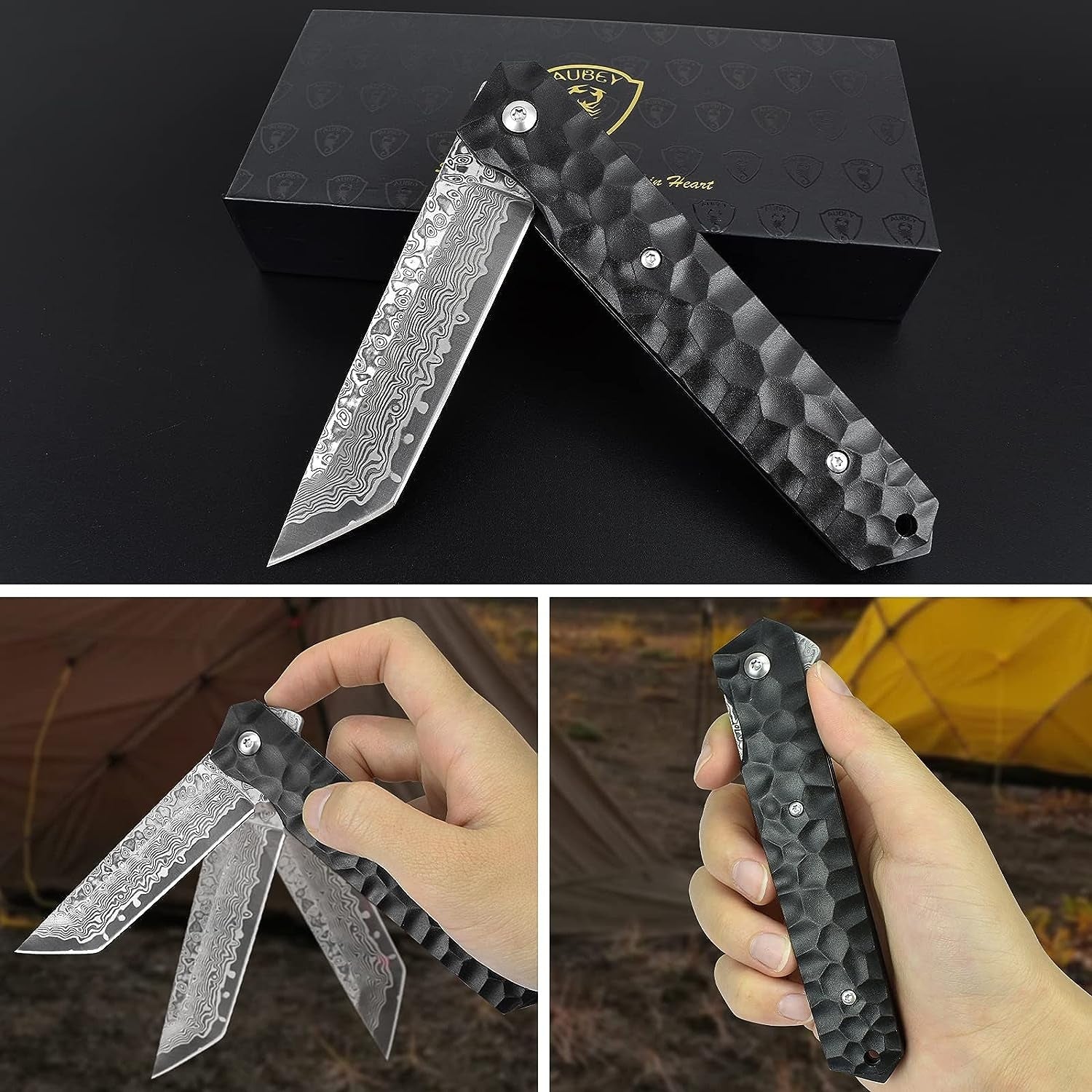 Japanisches Damast Taschenmesser Damaststahl Tanto Klappmesser Einhandmesser mit Flipper 67 Schichten Damaskus-Sandwichstahl 60 HRC Schwarz