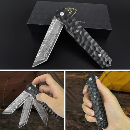 Japanisches Damast Taschenmesser Damaststahl Tanto Klappmesser Einhandmesser mit Flipper 67 Schichten Damaskus-Sandwichstahl 60 HRC Schwarz