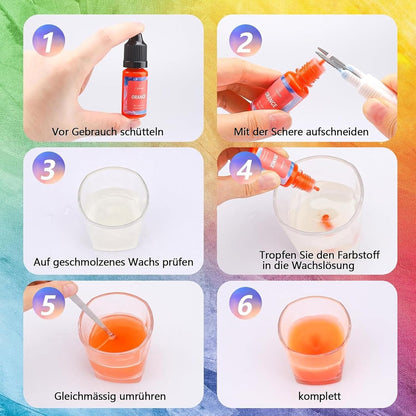 Kerzenwachs Farbe 7 Farben Flüssige Kerzenfarbe für Soja Bienenwachs Paraffinwachs Gelwachs Seifenfärbung je 10ml Hochkonzentriert und Hitzebeständig