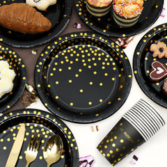 Party Deko Partygeschirr Schwarz und Gold 99 Stück Einweggeschirr Partyteller Pappteller Servietten Tassen Tischdecke Banner für Geburtstag