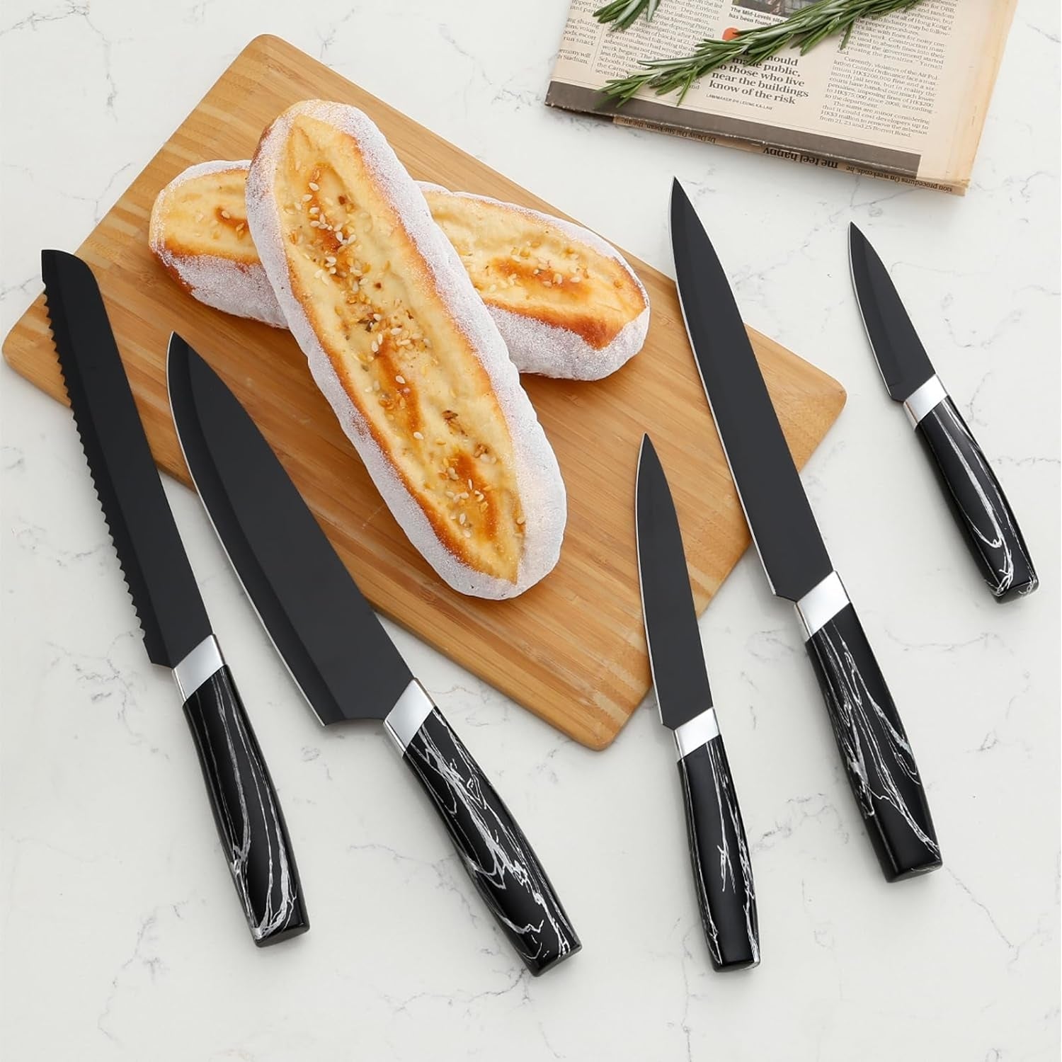 Günstiges Messerset Schwarz Scharfe Edelstahl Küchenmesser Set 5PCS Kochmesser Gemüsemesser Schälmesser Schneidemesser Brotmesser Spülmaschinenfeste