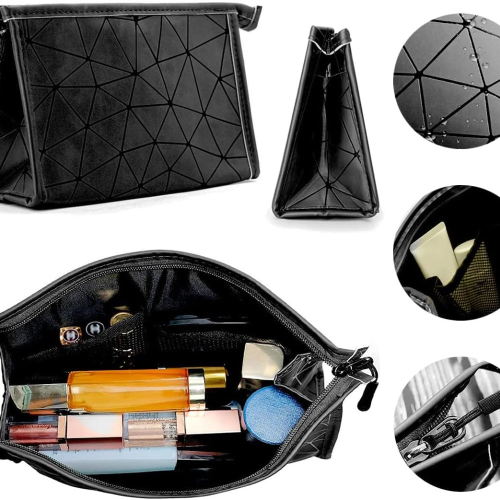 3er Set Kosmetiktasche Doppellagig Transparent Rautenmuster Schwarz Unisex