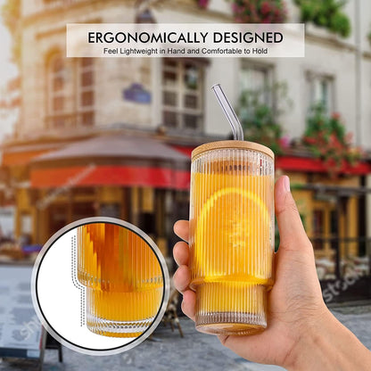 Geriffelte Vintage Cocktailgläser Set mit Glasstrohalme 310ml 8er Set Trinkgläser Wassergläser mit Reinigungsbürste spülmaschinenfest