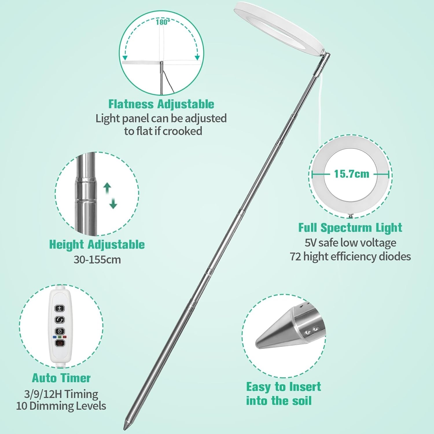 Pflanzenlampe LED Vollspektrum Grow Lampe für Zimmerpflanzen 155cm Höhenverstellbar Pflanzenlicht mit Zeitschaltuhr 3/9/12 Std 3 Lichter Modi 10