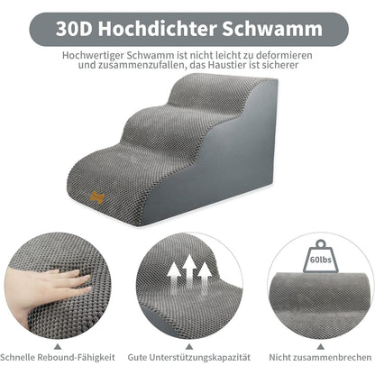 Hundetreppe für Kleine Hunde 3-Stufig Haustiertreppe Hunde Treppe Hunderampe mit Abnehmbarem Waschbarem Bezug und Rutschfestem Boden 60x40x40cm