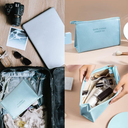 3er Set Kosmetiktasche Blau PU Wasserdicht Verschiedene Größen Reise Make Up Bag