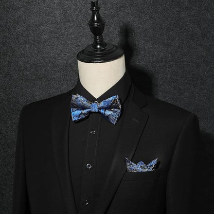 Fliege mit Einstecktuch für Herren Einfarbig Einstellbar Smoking Fliege für Hochzeit, Party Blau Paisley mit verstellbarem Kragen