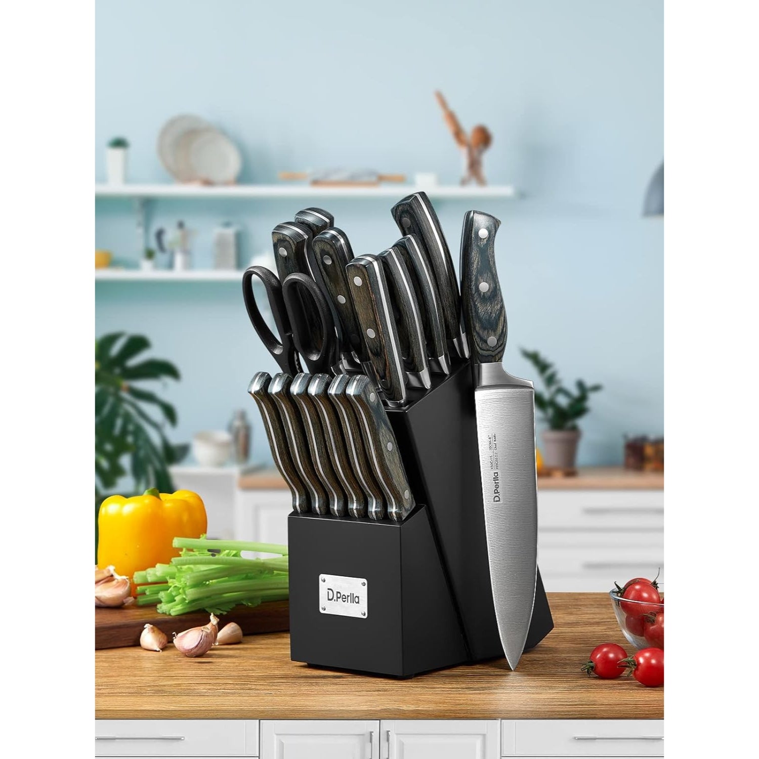 Messerblock Messerset 16-TLG Holzgriff Edelstahl Kochmesser Set Profi Küchenmesser mit Wetzstahl Küchenutensilien Holzblock Schwarz