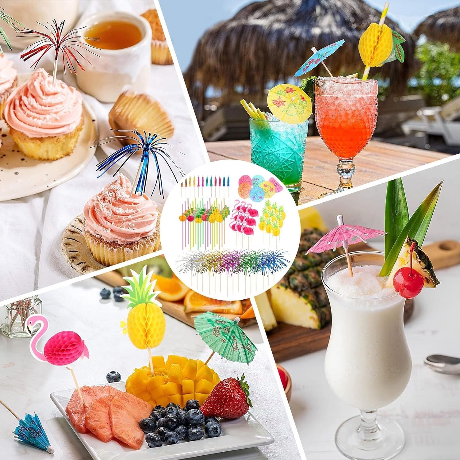 Cocktail Zubehör Set 120 Stück Wiederverwendbar Cocktail Party Deko Schirmchen Flamingo Ananas Pick Strohhalme Holz Sommer Party Trinken Dekorationen