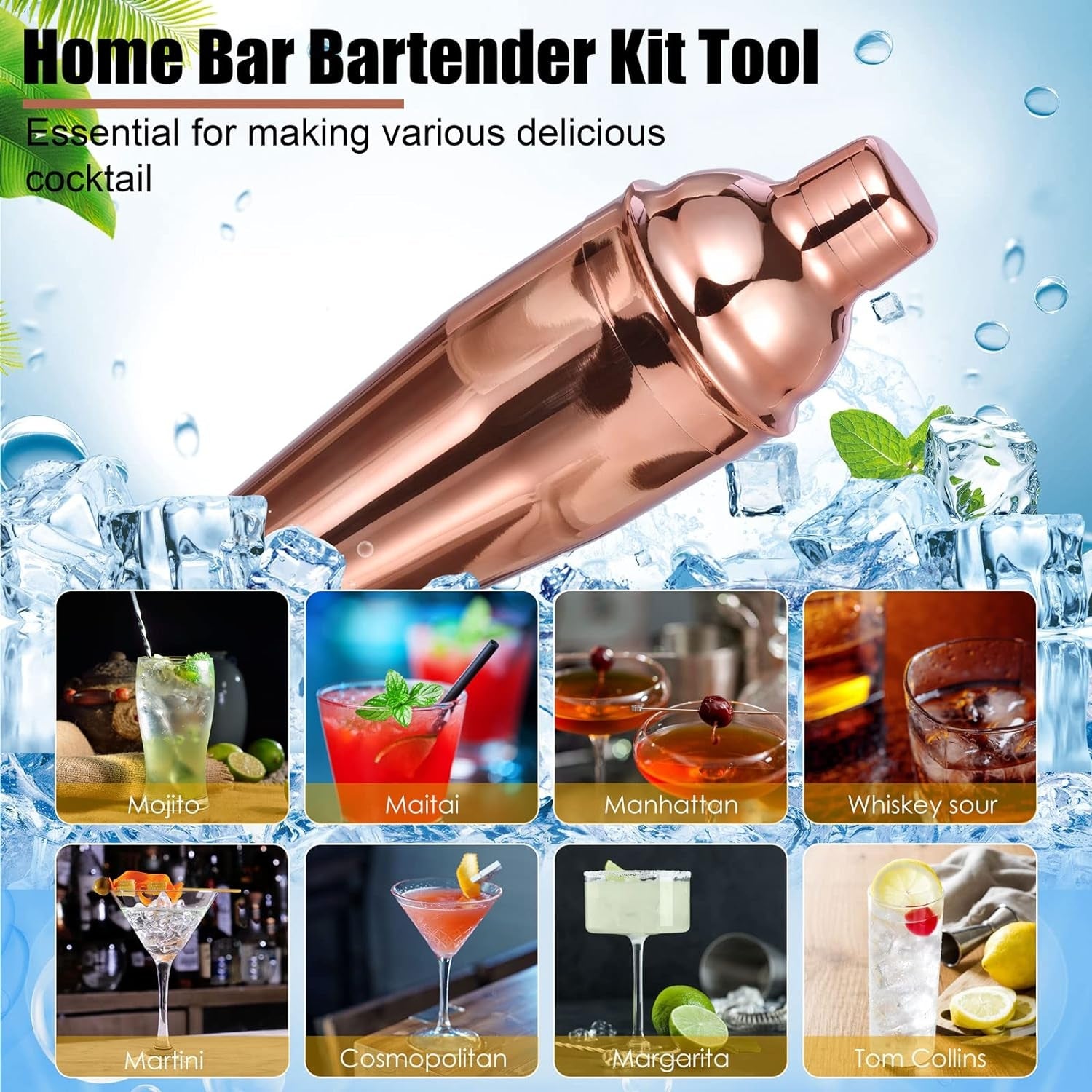 750ML Cocktail Shaker Set 12tlg RoséGold Edelstahl mit Bambusständer Bar Kit