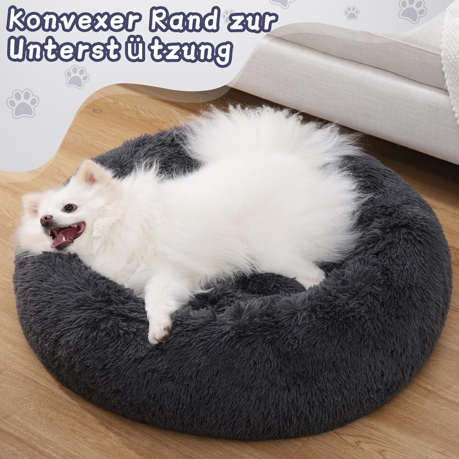 Flauschiges Hundebett Rund Hundebett Flauschig Katzenbett Ø 60 cm Rund Donut Hundekissen waschbar Langer Plüsch Hundekorb Katzenkissen Dunkelgrau