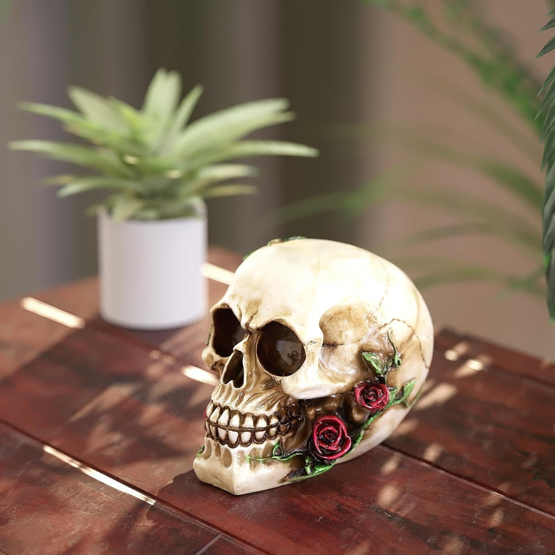Lebensgroßer Menschlicher Schädel mit Rosen Modell Naturharz Robust Halloween
