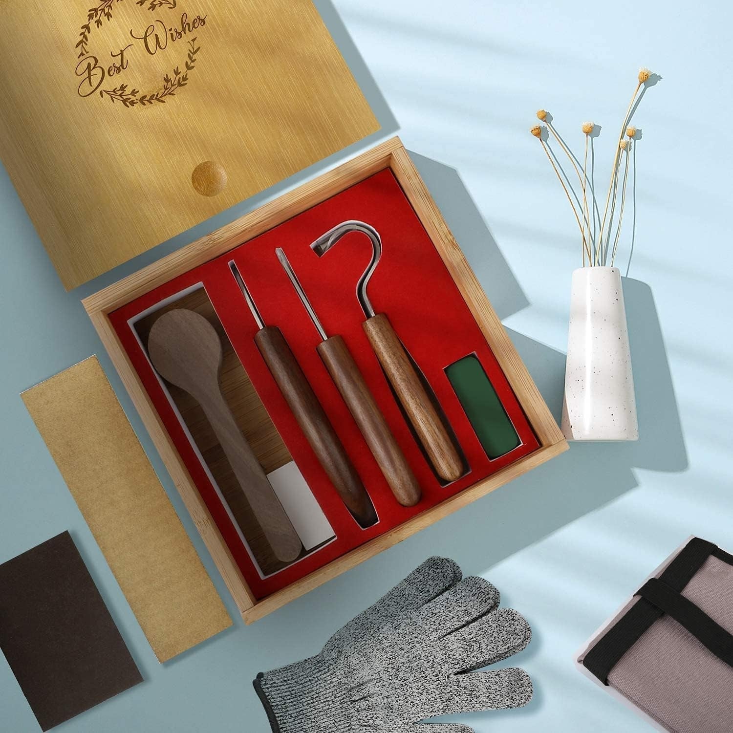 Holzschnitzwerkzeug Set Basteln Erwachsene Schnitzset 11 in 1 inkl Messer Handschuhe Schleifstein Für Anfänger und Profis Geschenke für Kinder