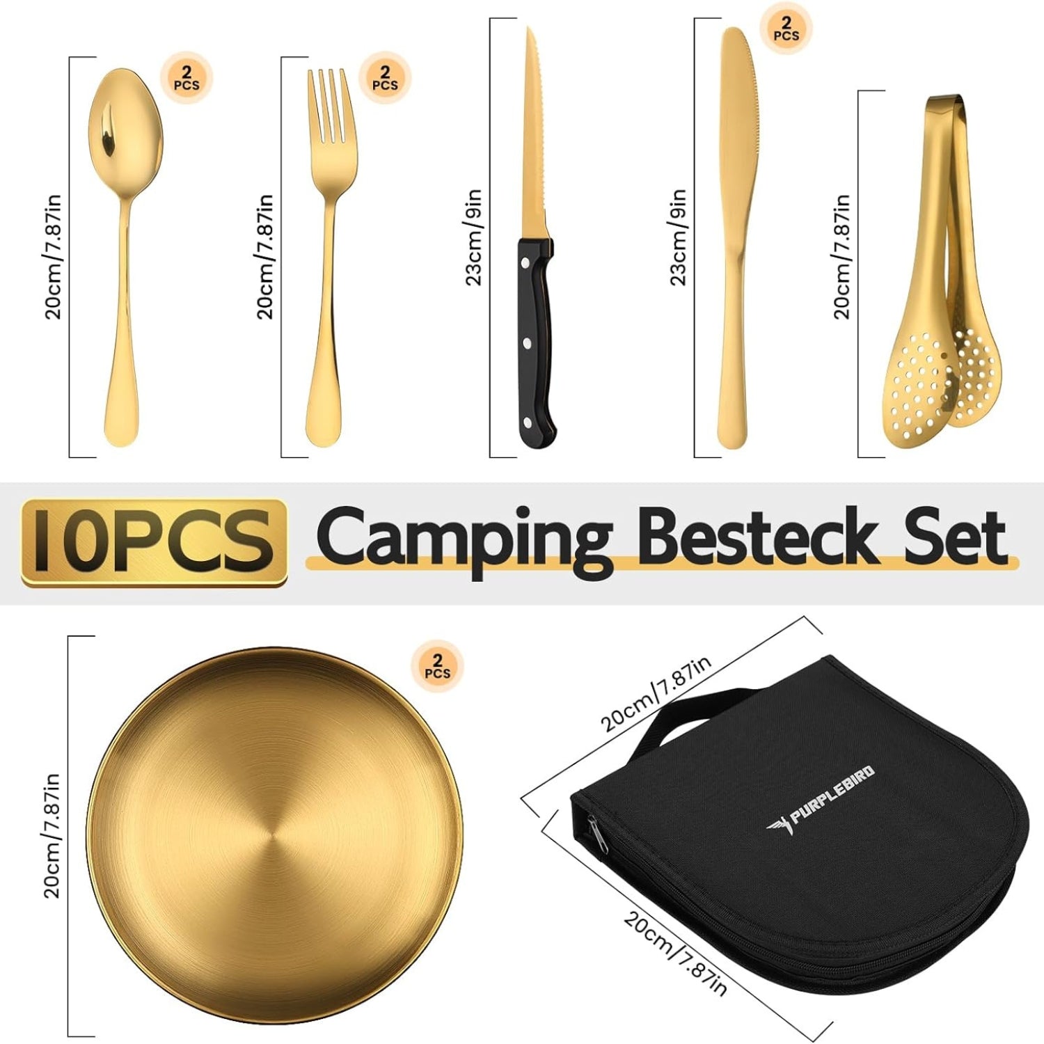 10 Stücke Besteck Set Gold für Camping Edelstahl Geschirrset für 2 Personen Tragbar Camping Zubehör mit Aufbewahrungstasche Ideal für Reisen