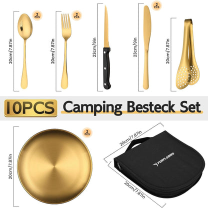 10 Stücke Besteck Set Gold für Camping Edelstahl Geschirrset für 2 Personen Tragbar Camping Zubehör mit Aufbewahrungstasche Ideal für Reisen