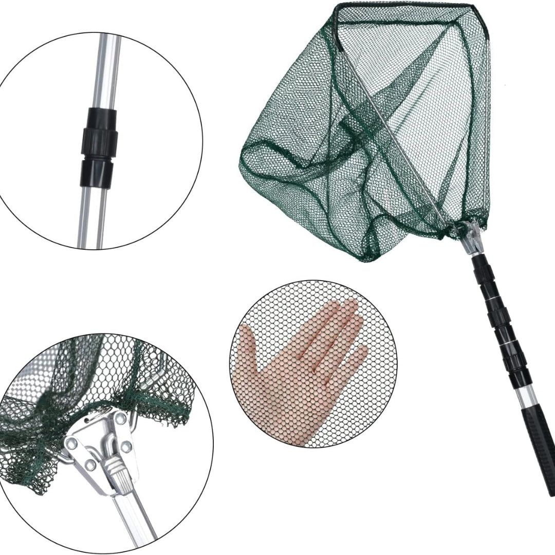 Faltbarer Angelkescher Gummiert mit Teleskop-Stangengriff 120CM Leicht Ultraleicht Knotenloses Netz Korrosionsbeständig Perfekt fürs Angeln