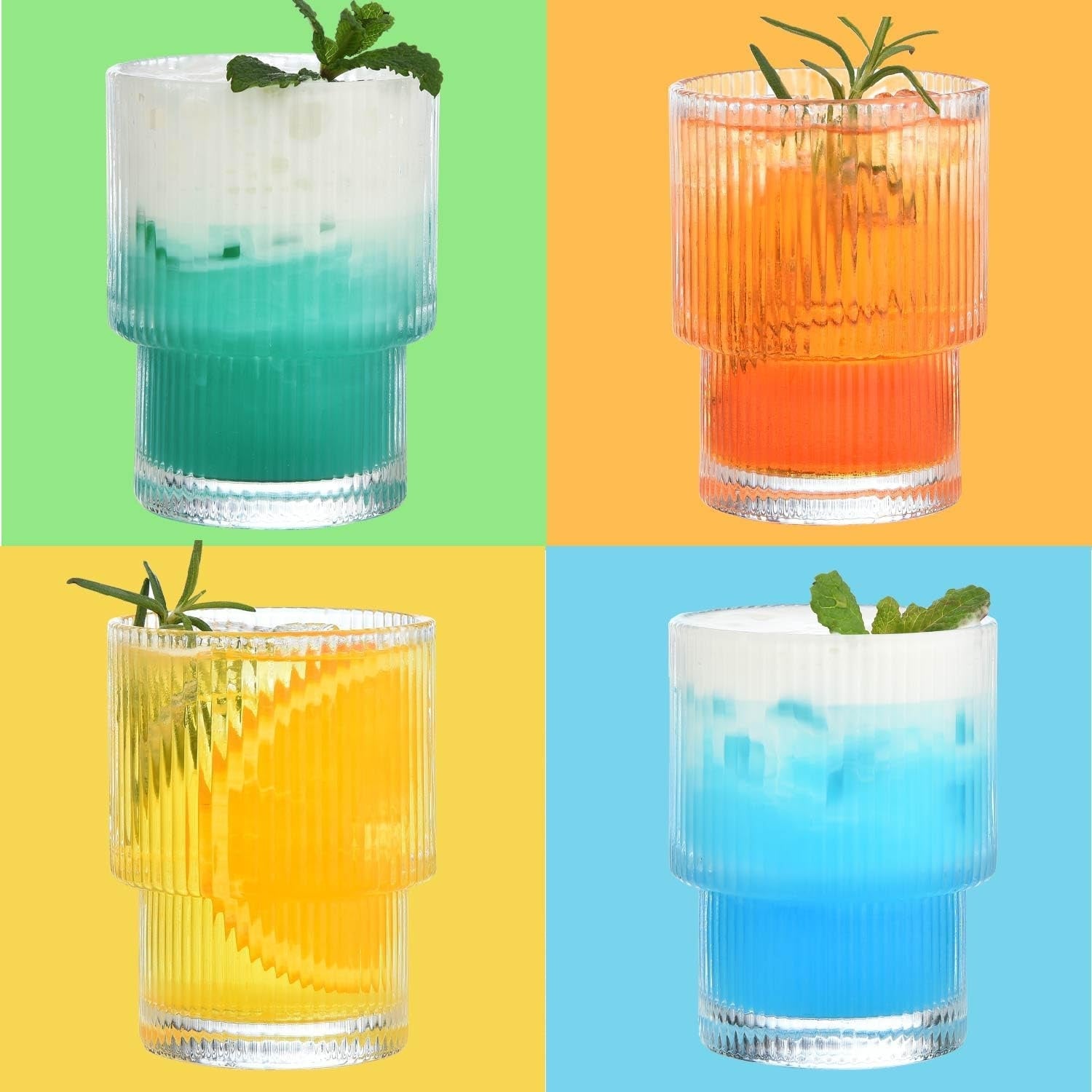 Geriffelte Vintage Longdrinkgläser Set mit Glasstrohalme 200ml 4er Set Trinkgläser mit Wassergläser Vintage mit Reinigungsbürste spülmaschinenfest