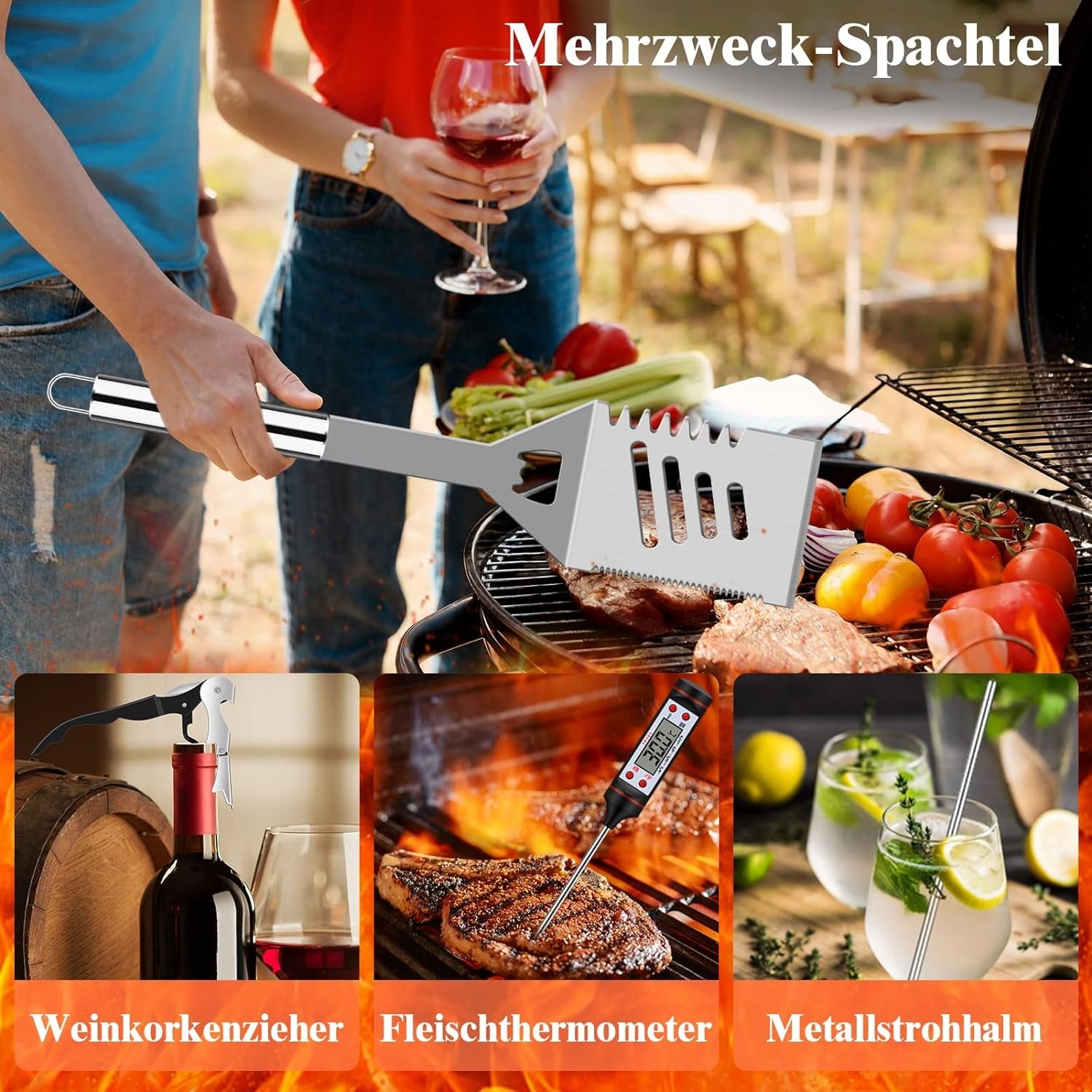 Grillbesteckset aus Edelstahl in Silber 38tlg Geschenke für Männer Grill Zubehör