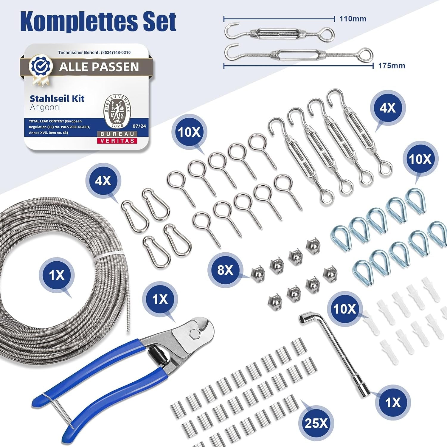 Wohnwagen Zubehör Wohnmobil 74 pcs Stahlseil Kit 35 m Verdickt 3 mm Edelstahl Drahtseil Spanndraht Seilspanner Spannschloss Edelstahl Kit Rankhilfen