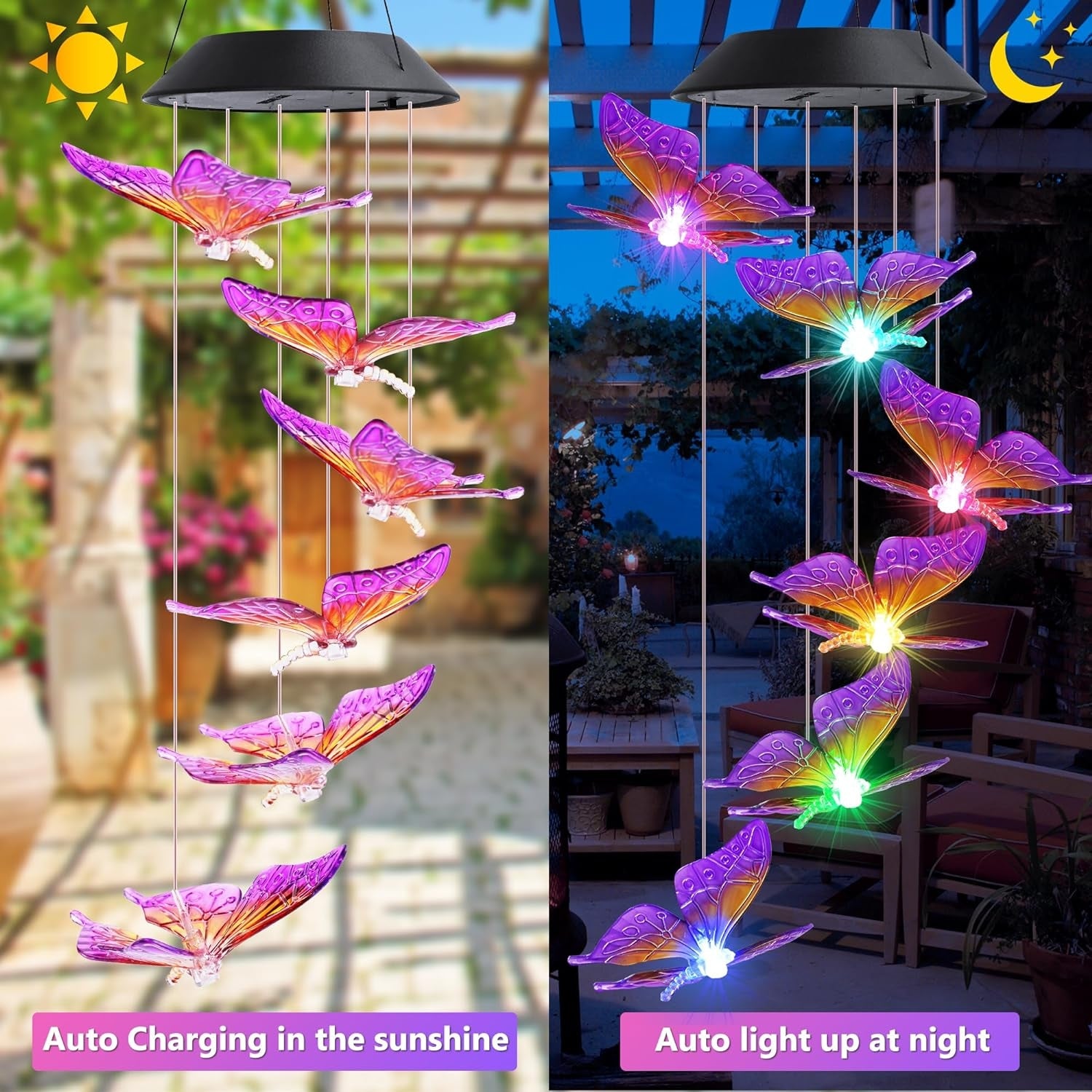 Schmetterling Solar Windspiel Garten 6 LED Solar Windspiel für Draußen Abdichtung Farbwechsel Geschenke für Mutter Frauen Freundin Dekorationen