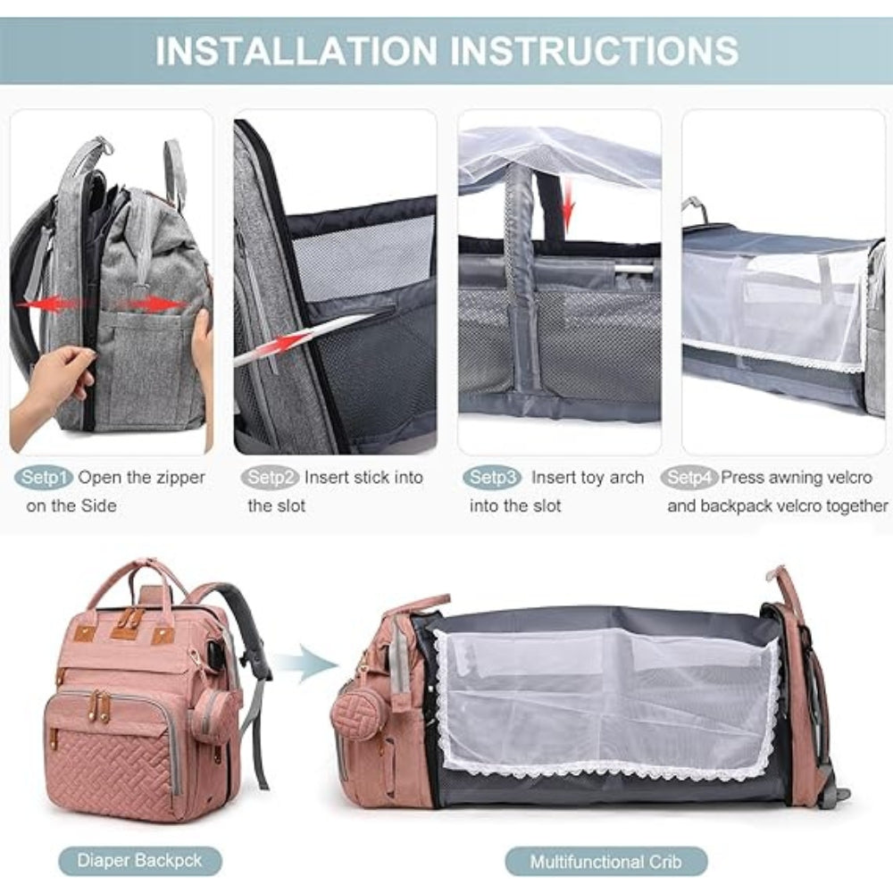 Baby Wickelrucksack Rosa mit Klappbett Moskitonetz USB Ladeanschluss Wasserdicht