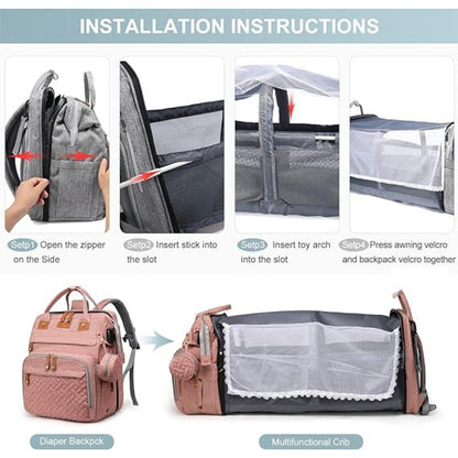 Baby Wickelrucksack Rosa mit Klappbett Moskitonetz USB Ladeanschluss Wasserdicht