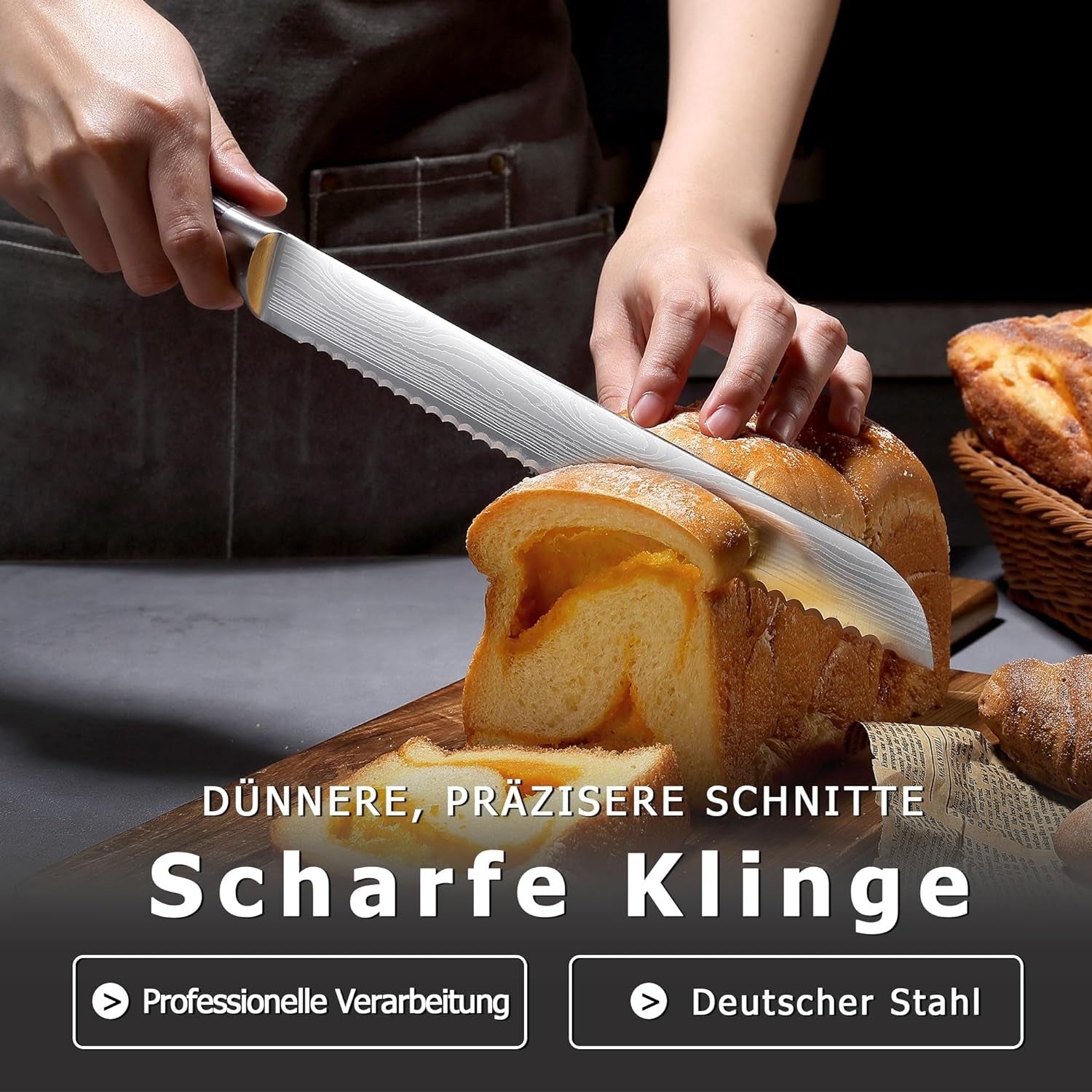 Langes Brotmesser mit Wellenschliff 26 cm aus hochwertigem rostfreiem Edelstahl extra scharfe Messerklinge mit ergonomischem Pakkaholzgriff für Brot
