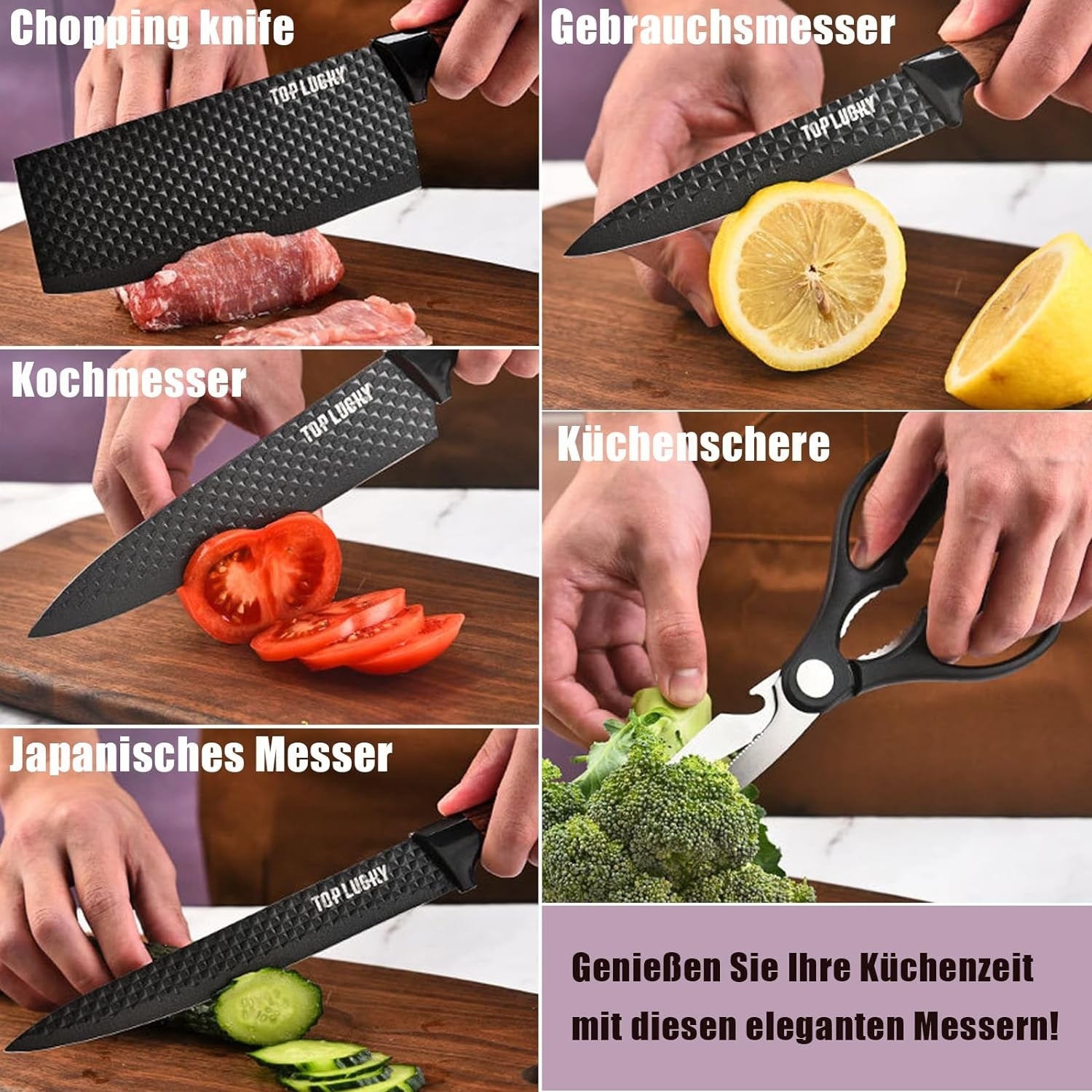 Premium Messerblock mit Messer Holzgriff Messer Set 6-teilig Schwarz Antihaft Rutschfest Edelstahl-Kochmesser-Set mit Universal-Messerblock