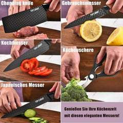Premium Messerblock mit Messer Holzgriff Messer Set 6-teilig Schwarz Antihaft Rutschfest Edelstahl-Kochmesser-Set mit Universal-Messerblock