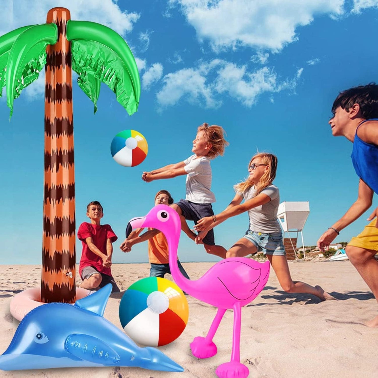 Poolspielzeug Strandspielzeug aufblasbare Palmen Set Kokosnussbaum Groß Flamingo Wasserball Delphin Bananen Strandbälle für Beach Deko Mottoparty