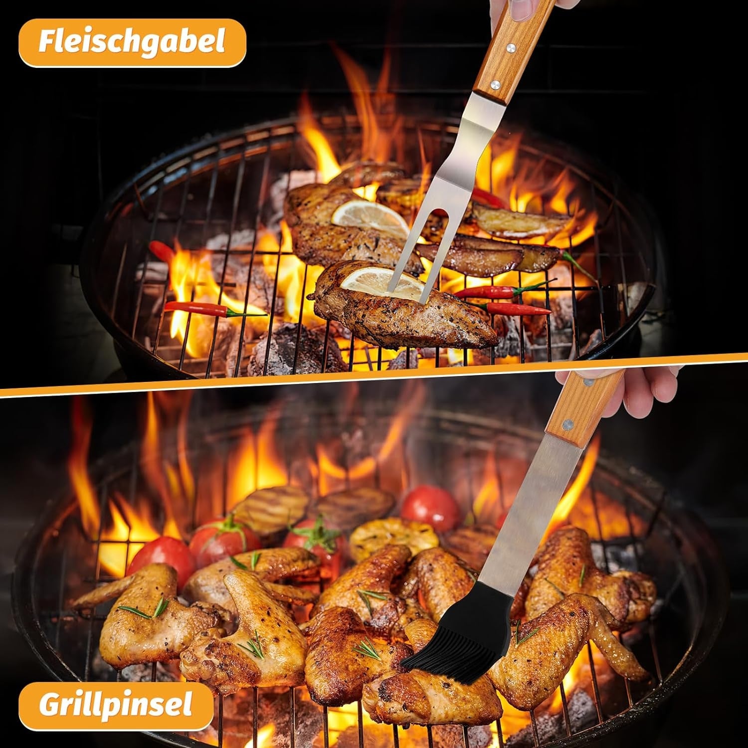KraftGriller Premium 5-TLG Grillbesteck Set Edelstahl mit Holzgriff Tragetasche Schürzenfunktion Ideal für BBQ Teppanyaki Grill Geschenke für Männer