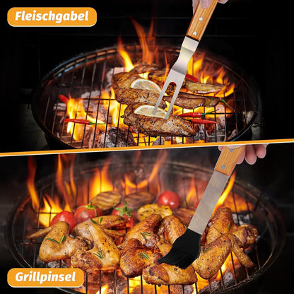 KraftGriller Premium 5-TLG Grillbesteck Set Edelstahl mit Holzgriff Tragetasche Schürzenfunktion Ideal für BBQ Teppanyaki Grill Geschenke für Männer
