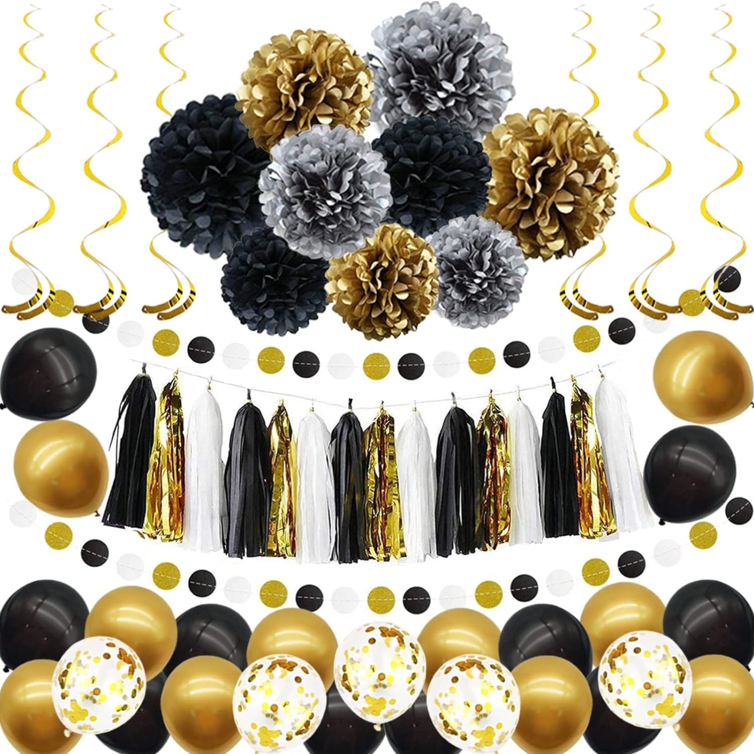 Ballons Gold Schwarz Party Dekoration Set 57 Stück Schwarz Gold Party Deko Luftballons DIY Party Papier Pompoms Blumen Papier Girlande für Party
