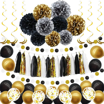 Ballons Gold Schwarz Party Dekoration Set 57 Stück Schwarz Gold Party Deko Luftballons DIY Party Papier Pompoms Blumen Papier Girlande für Party