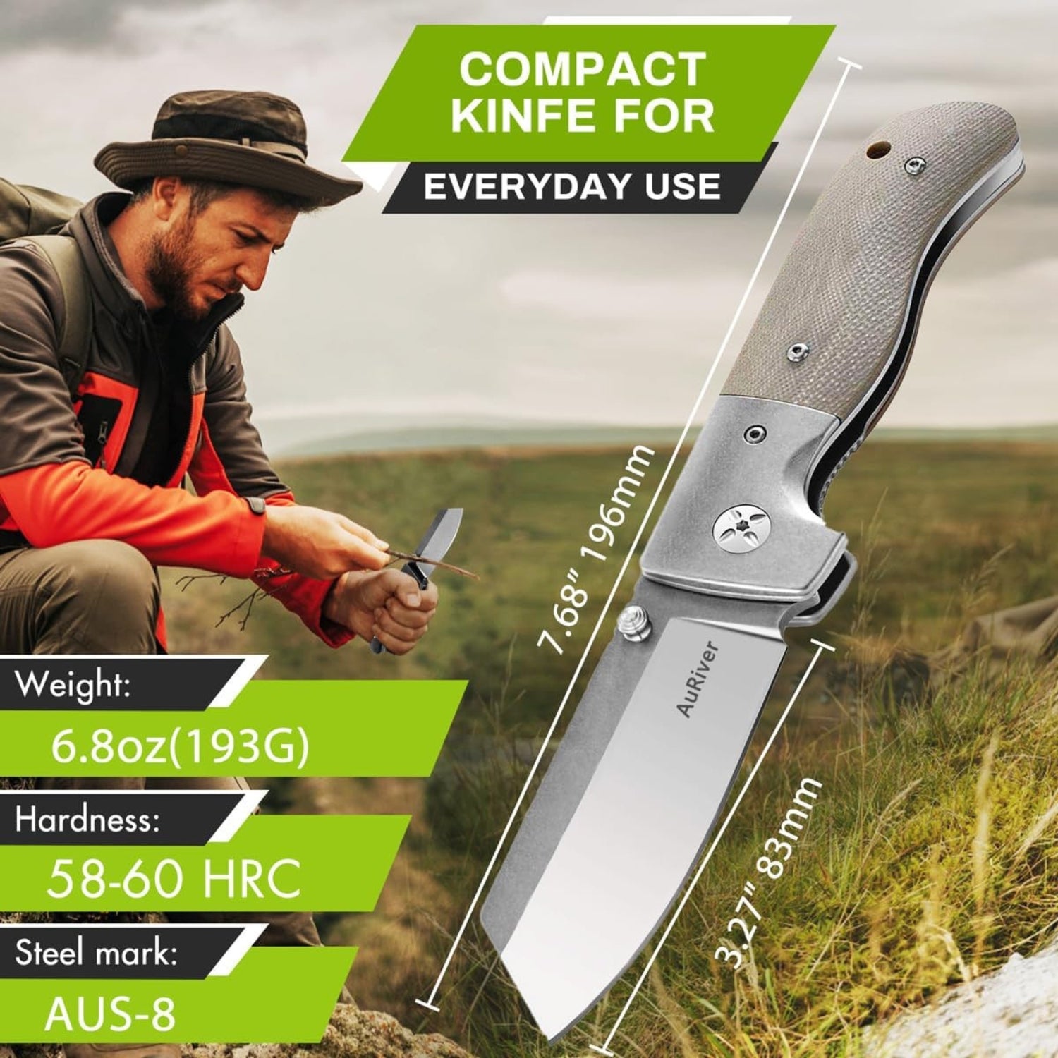 Breites Taschenmesser Klappmesser PF710 Outdoor Messer Scharfes AUS-8 Stahl Jagdmesser Folder Pocket Knife Griff G10 + Stahl Taschenmesser für Männer