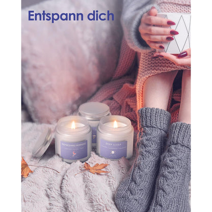 Duftkerzen Geschenke für Frauen Schlafkerzen Geschenkset 3 Duftkerzen im Glas mit Lavendel Duft 300g pro Kerze sehr lange Brenndauer