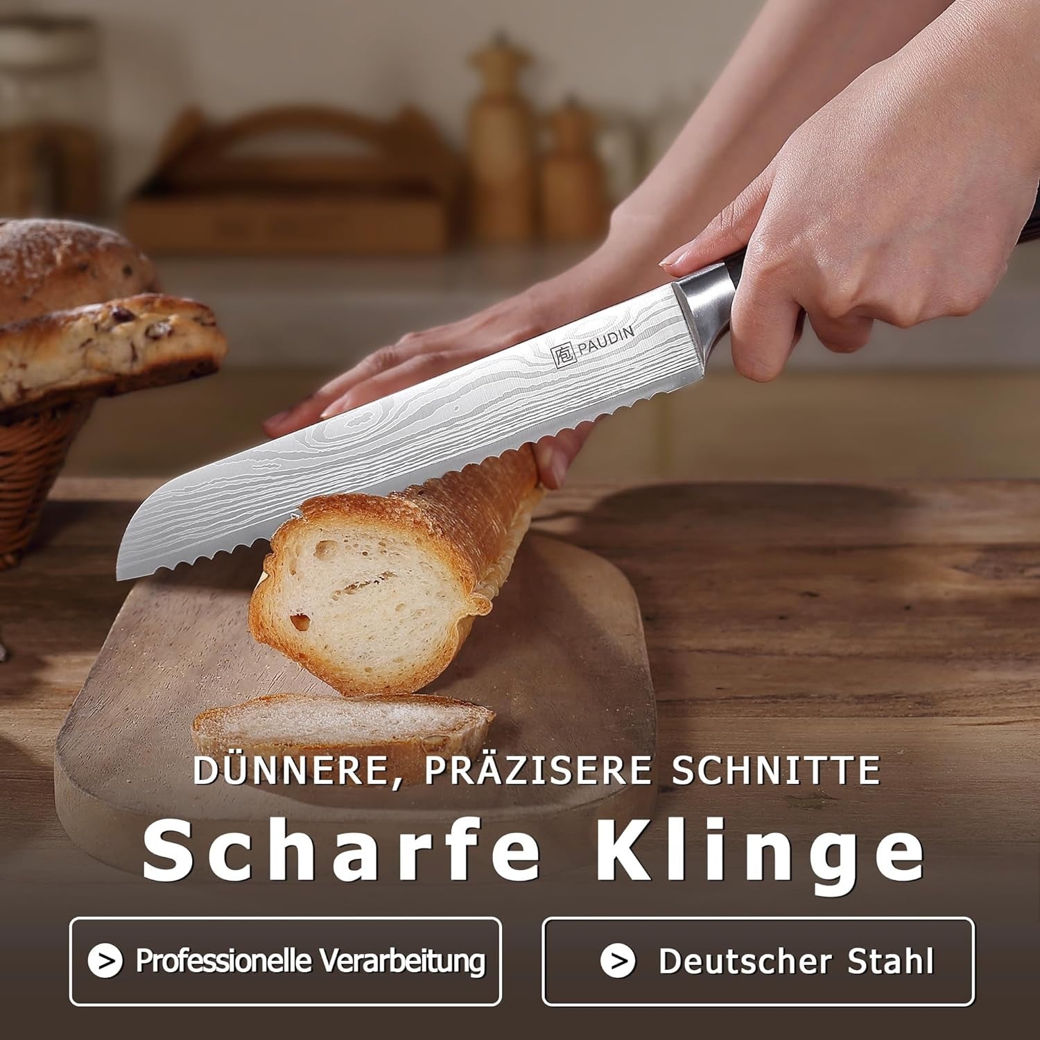 Profi Brotmesser mit Holz Griff 20 cm Edelstahl Küchenmesser mit Wellenschliff extra scharfe Messerklinge rostfrei