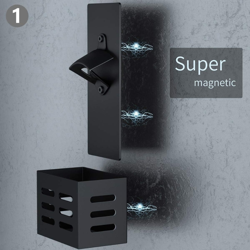 Magnet Flaschenöffner Wandmontage mit Auffangbehälter Schwarz Biergeschenk