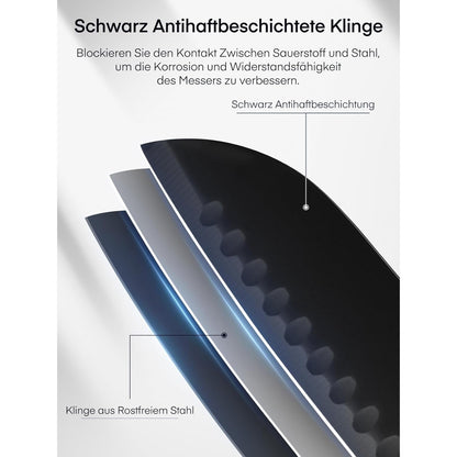 Messerblock mit Messer Schwarz 16 TLG Messer Set Schwarz Antihaft Beschichtung mit Acryl Messerhalter Edelstahl kein Rost super scharf Kochmesser Set