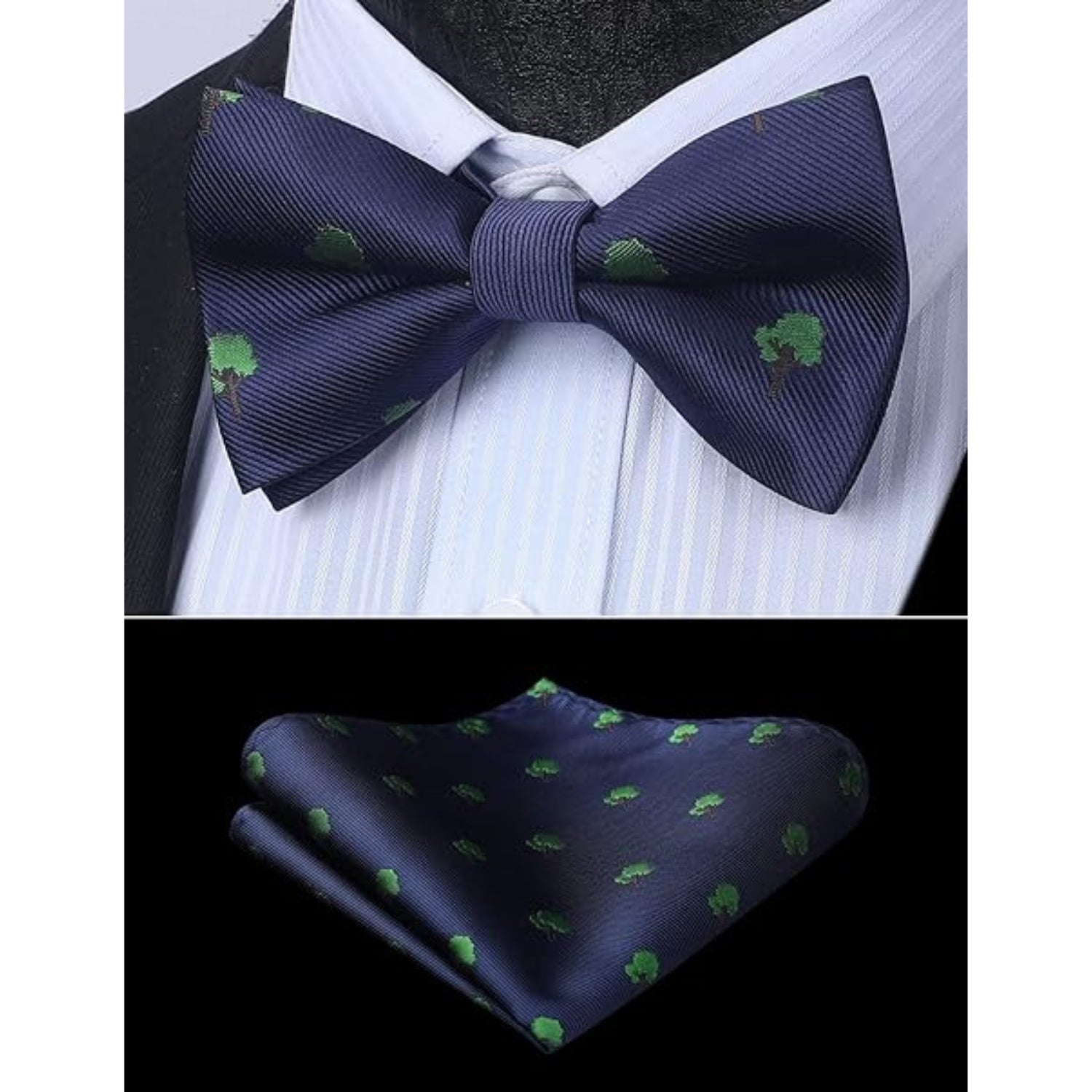 Herren Fliege und Einstecktuch-Set bereits Verstellbar Fliegen & Einstecktuch Set für Hochzeit Anzug Blau mit Bäumen Muster leicht zu tragen